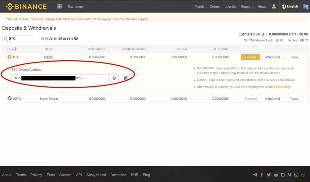 Bitcoin BTC wallet address on Binance