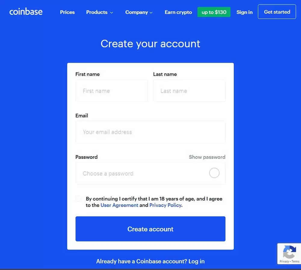create Coinbase account